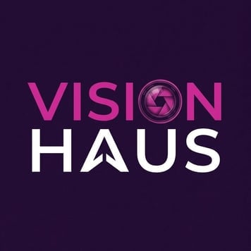 Logotipo Vision Haus sobre fundo roxo escuro